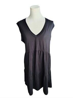 DKNY Cotton Classic Black Sleeveless Ruffle Tier V-neck Mini Dress Size Medium